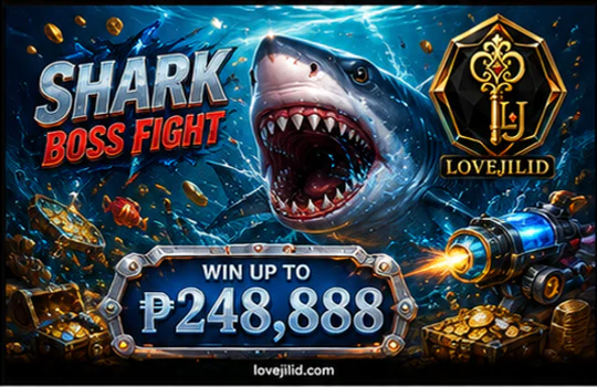 LOVEJILI fishing cannon aiming at moving targets in a dark gold underwater game scene